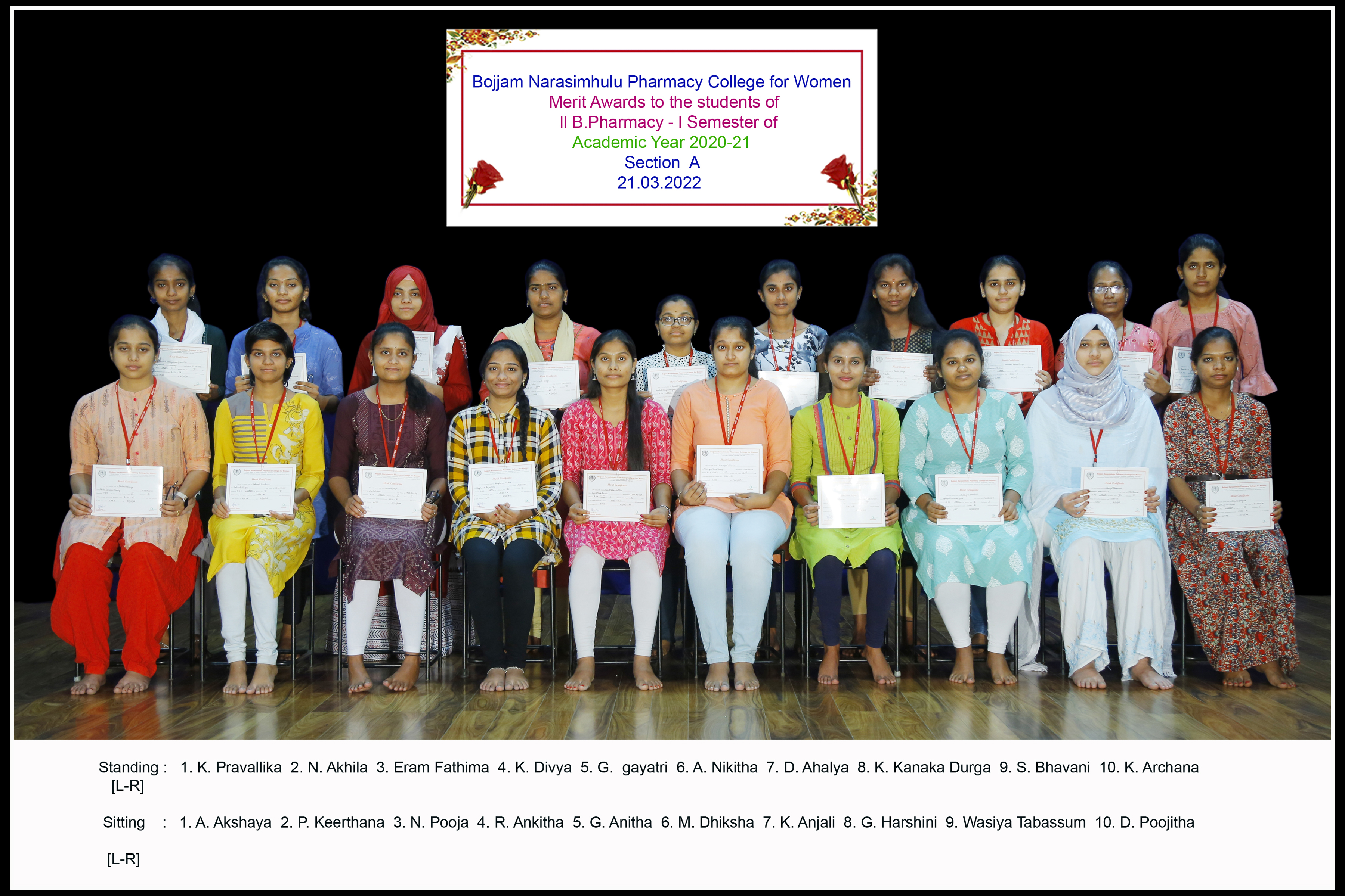 Merit awards to the students of II year I Semester for the Academic year 2020-21